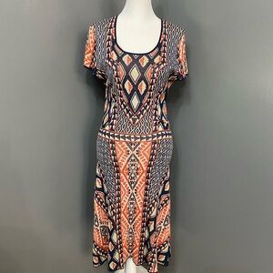 BCBG Maxazria-Blue Orange & White Print Kayla SILK Blend Dress Y2K Hippie Boho S